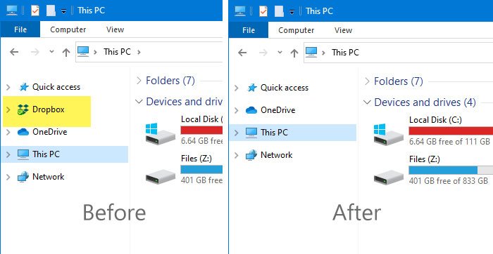 How to remove Dropbox from File Explorer navigation pane