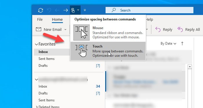 How to switch between Touch and Mouse modes in Outlook