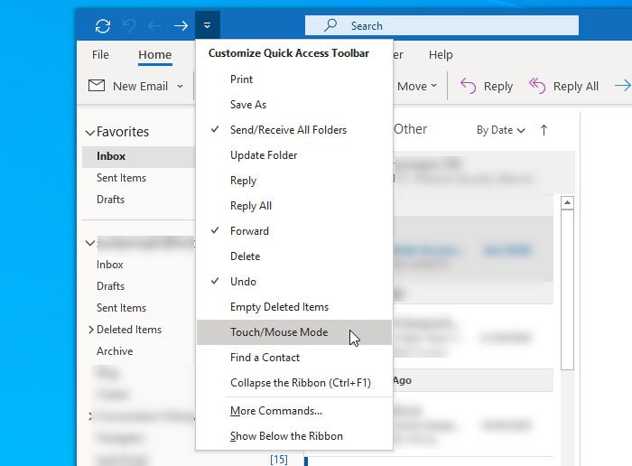 How to switch between Touch and Mouse modes in Outlook