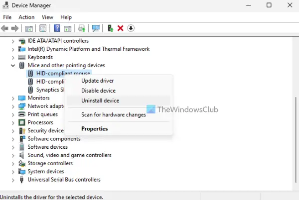 uninstall logitech mouse device drivers