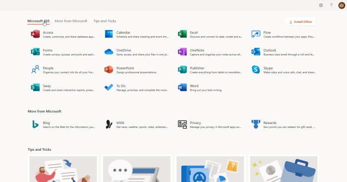 MIcrosoft Office 365 App list