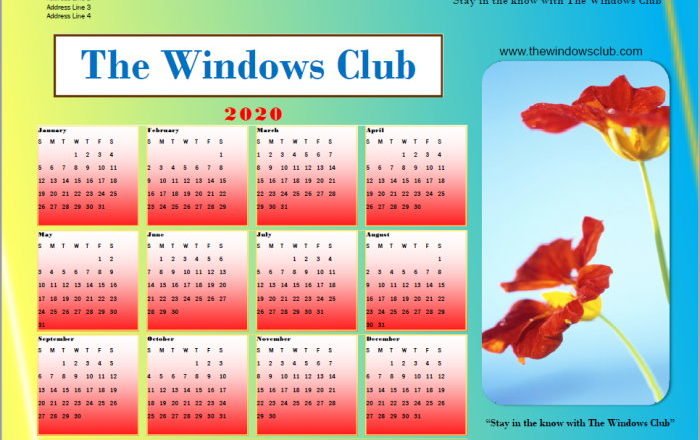 Calendar created with Microsoft Publisher
