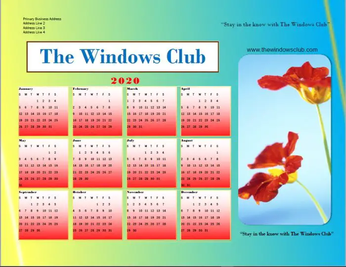 Calendar created with Microsoft Publisher