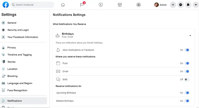 Turn off Facebook Birthday Notifications