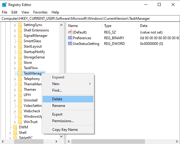 Reset Task Manager in Windows 10