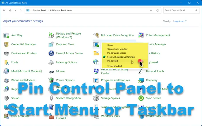 Pin Control Panel to Start Menu or Taskbar