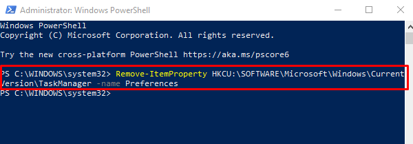 Reset Task Manager through PowerShell