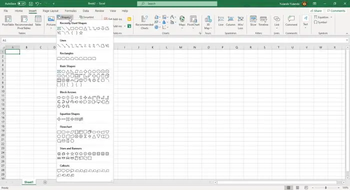 Microsoft Office Excel Shapes option dropdown