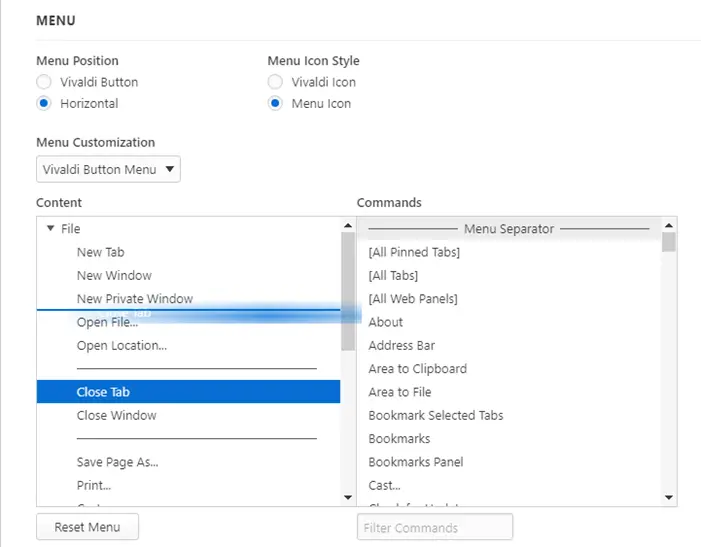 Customize Menu Vivaldi Browser