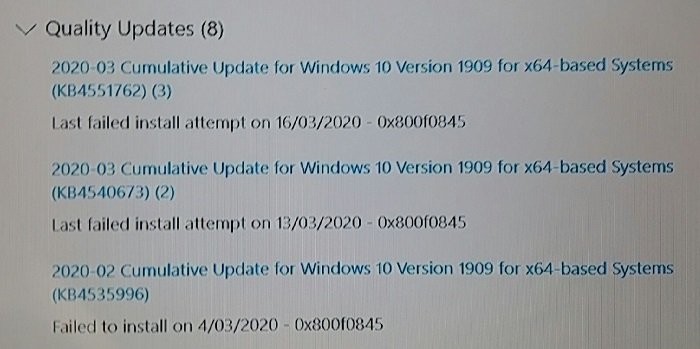 Windows Update error 0x800f0845