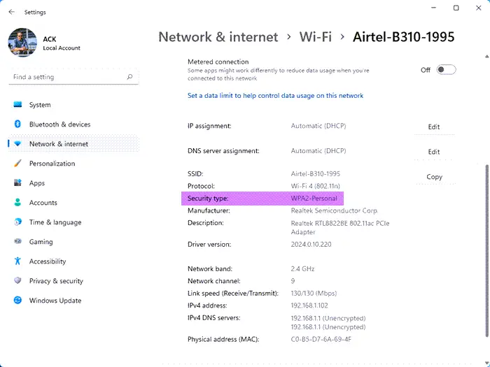 check WiFi Security type in Windows 11