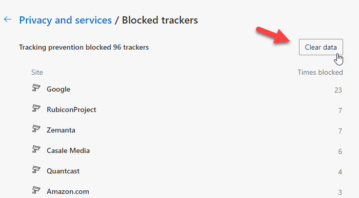 clear Blocked Trackers list in Microsoft Edge