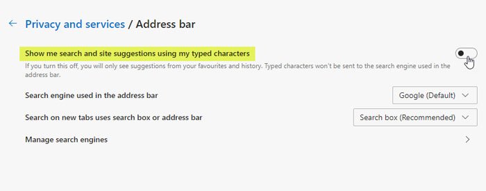 How to disable Address bar Search suggestions in Microsoft Edge