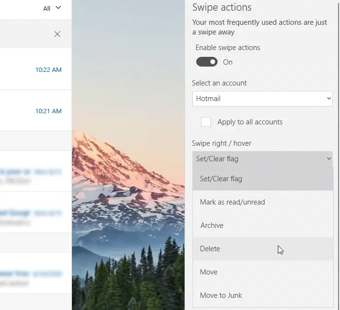 Swipe actions in Mail app of Windows 10