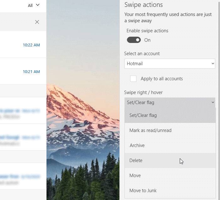 Swipe actions in Mail app of Windows 10