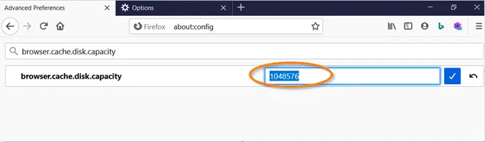 Editing value of browser.cache.disk.capacity’