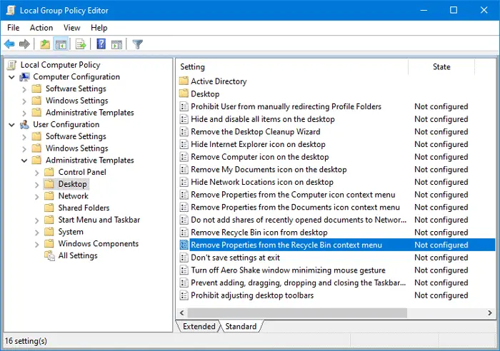 Remove Properties from Recycle Bin context menu