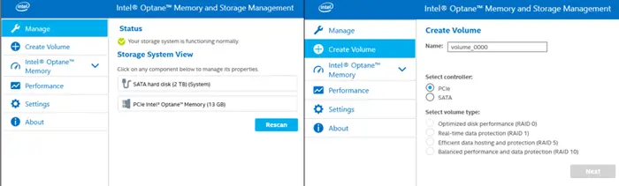 intel optane storage management