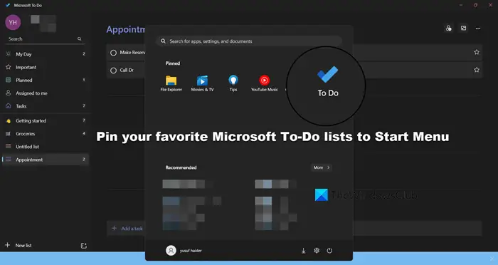 pin your favorite Microsoft To-Do lists to Start Menu