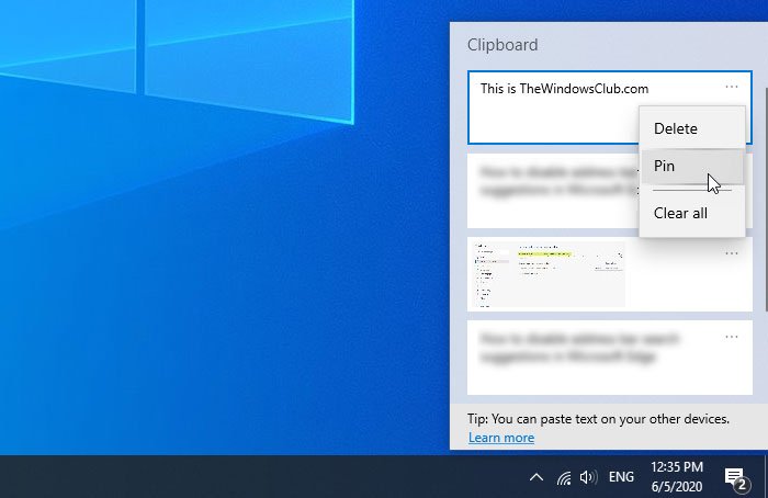 How to pin text and image to Clipboard history in Windows 10