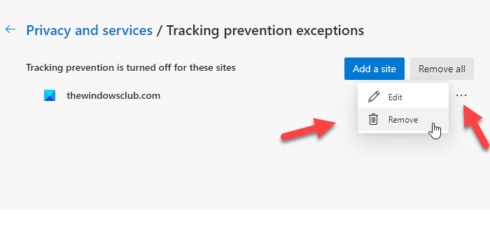 How to remove sites from tracking prevention exceptions in Microsoft Edge