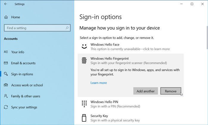 How to remove Windows Hello Fingerprint in Windows 10