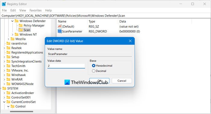 change the default scheduled Scan Type in Microsoft Defender