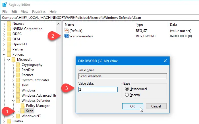 How to change the default scheduled Scan Type in Microsoft Defender