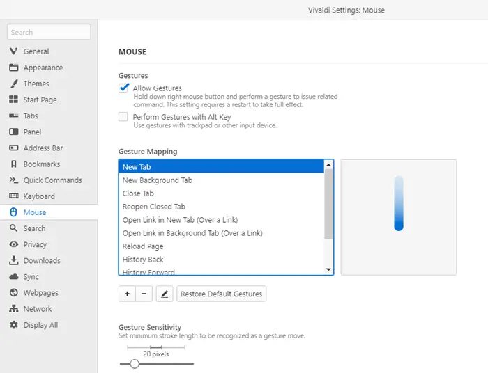 vivaldi gestures keyboard shortcuts