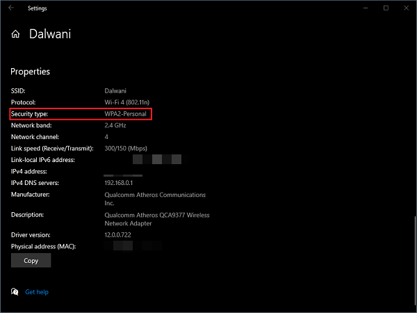 How to check WiFi Security type in Windows 10