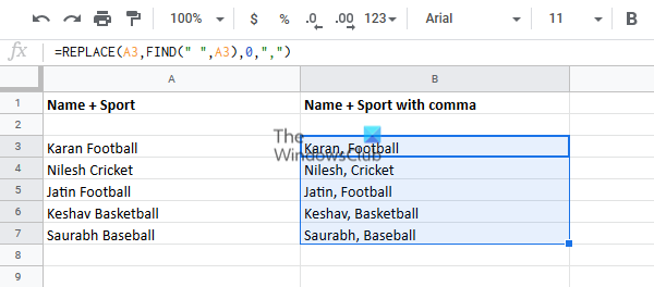 Add comma after first word in each cell using Replicate function