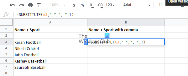 Add comma after first word in each cell using Substitute function 