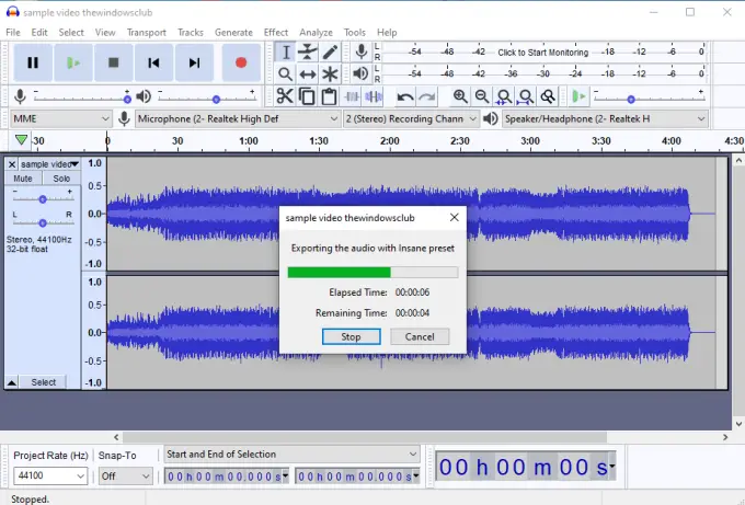 Audacity software with export audio from video feature