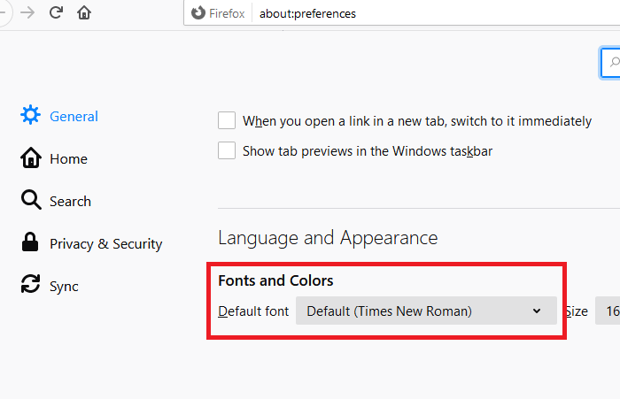 Topic: the defaults for Firefox, General, Language & Appearance, Fonts