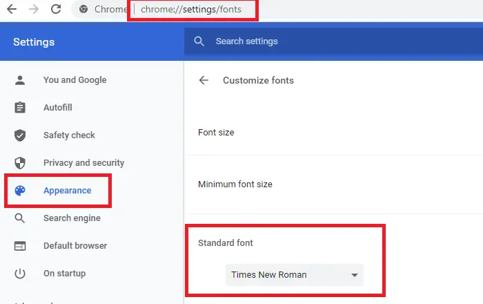 Change the default font for Google Chrome