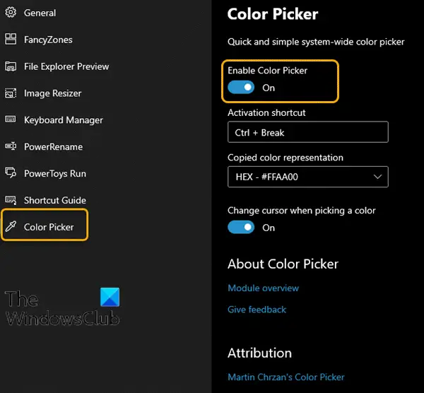 Color Picker module in Windows PowerToys
