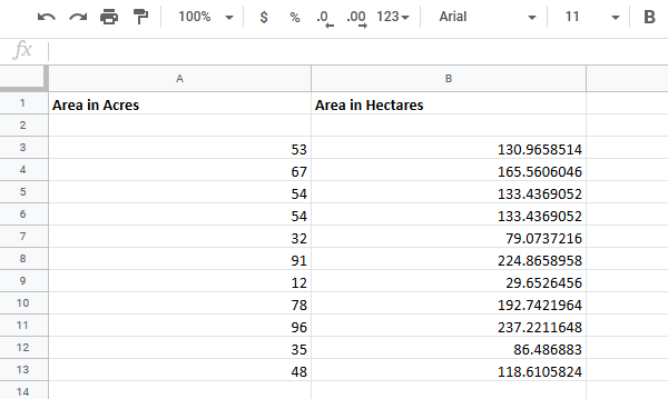 Преобразование ячеек между акром в гектар в Excel