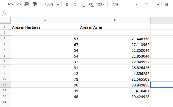 Преобразование ячеек между гектарами в акры в Excel