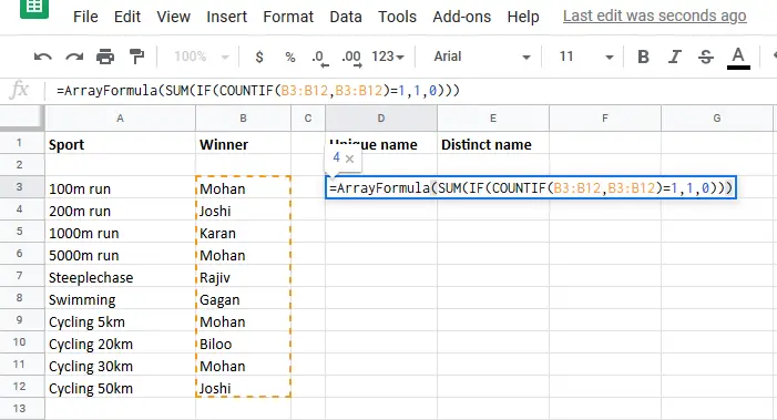 Count the number of unique values from a list of a column using the array formula