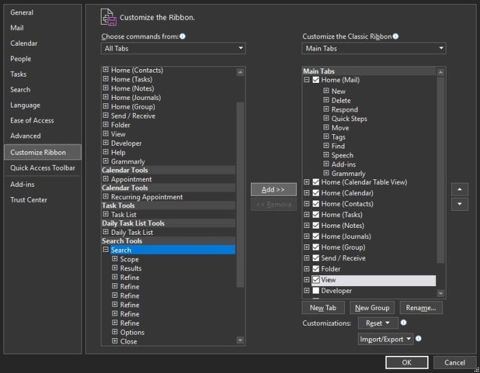 How to add the Search tab to the Outlook Ribbon