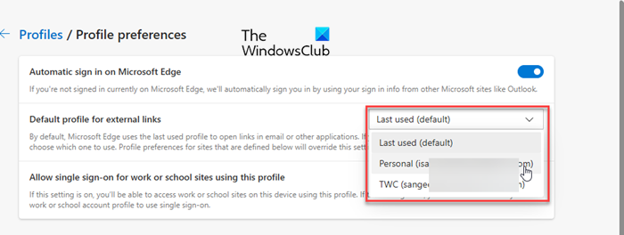 Default profile for external links in Edge