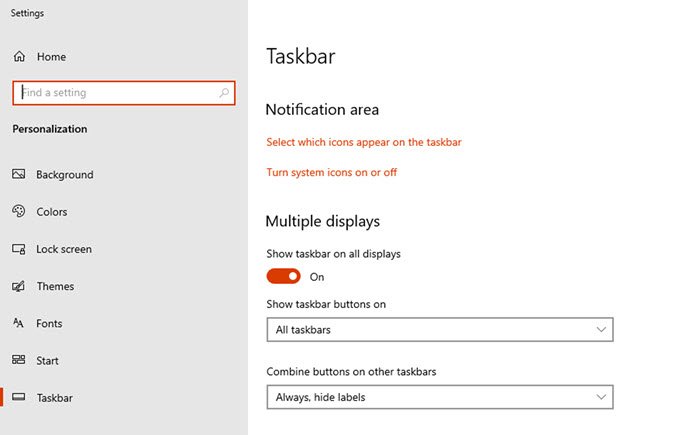 Taskbar Multiple Displays Settings