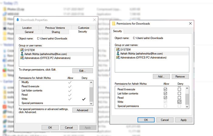 Folder Permission for Downloads Folder in Windows 10
