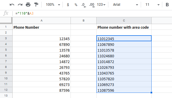 How to add area code to a phone number list in Excel