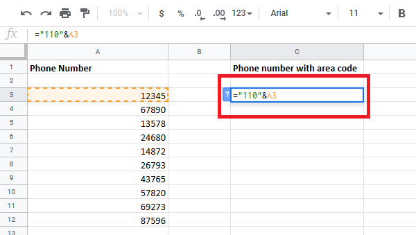 How to add country area code to a phone number list in Excel