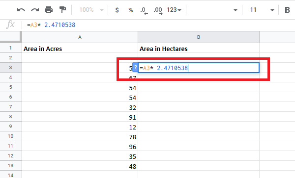 Преобразование ячеек между гектарами и акрами в Excel