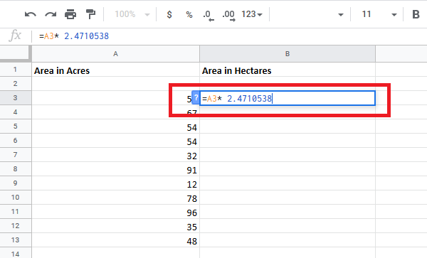 Convert cells between Hectares and Acres in Excel