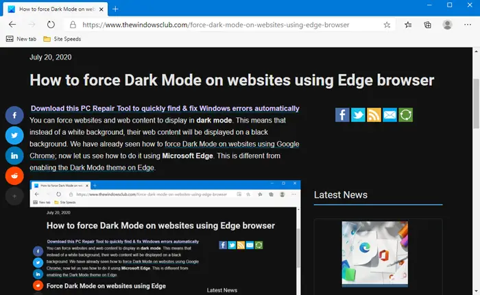 How to force Dark Mode on websites using Edge