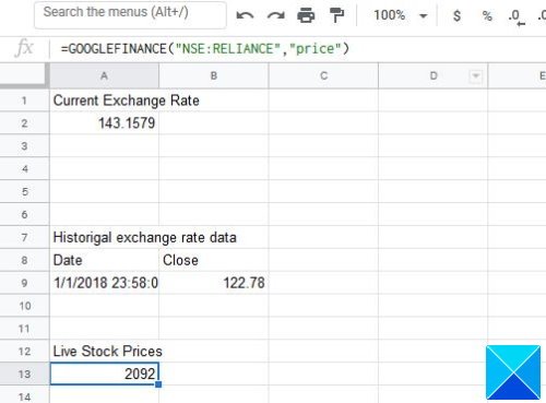 convert Currency and get Stock Data in Google Sheets