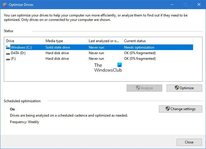 Optimize Drives Tool shows Never Run or Optimization not available